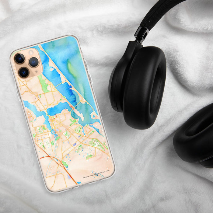 Custom Stuart Florida Map Phone Case in Watercolor on Table with Black Headphones