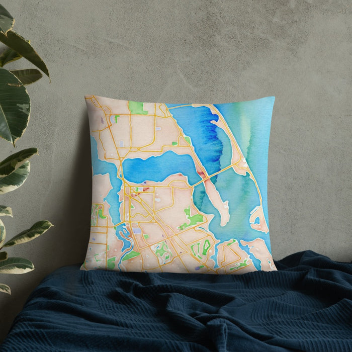 Custom Stuart Florida Map Throw Pillow in Watercolor on Bedding Against Wall