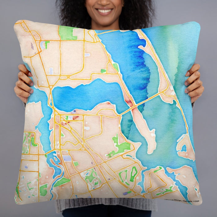 Person holding 22x22 Custom Stuart Florida Map Throw Pillow in Watercolor