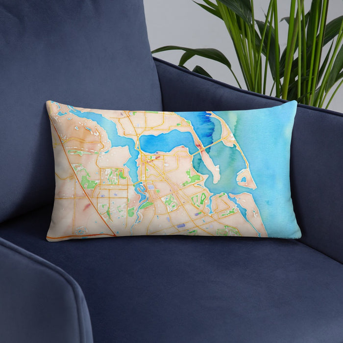 Custom Stuart Florida Map Throw Pillow in Watercolor on Blue Colored Chair