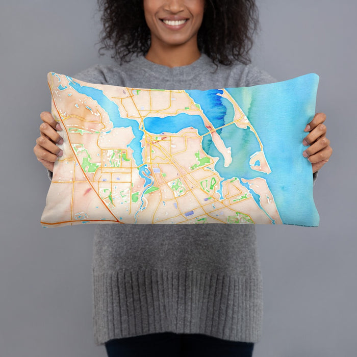 Person holding 20x12 Custom Stuart Florida Map Throw Pillow in Watercolor