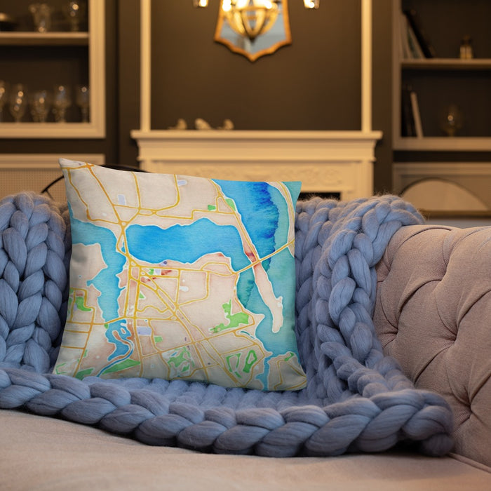 Custom Stuart Florida Map Throw Pillow in Watercolor on Cream Colored Couch