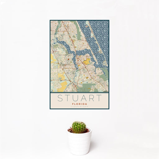 12x18 Stuart Florida Map Print Portrait Orientation in Woodblock Style With Small Cactus Plant in White Planter
