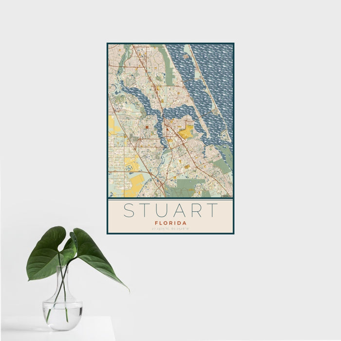 16x24 Stuart Florida Map Print Portrait Orientation in Woodblock Style With Tropical Plant Leaves in Water