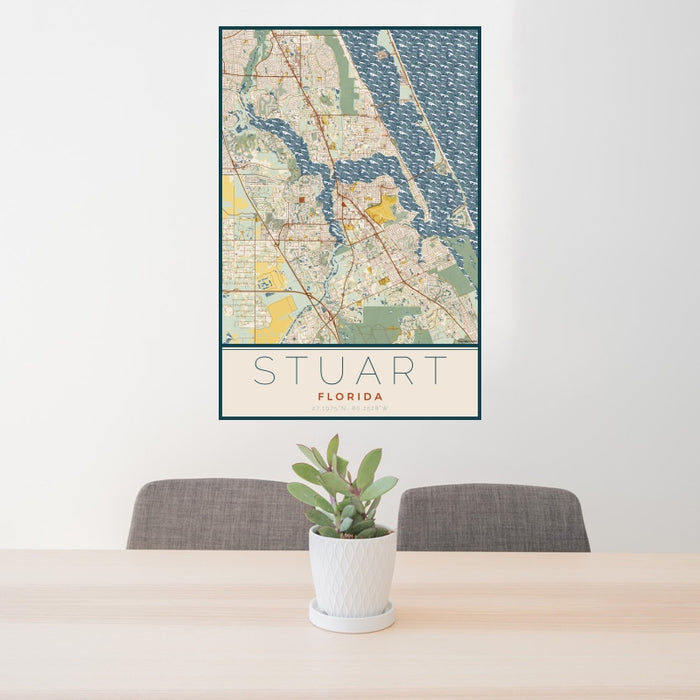24x36 Stuart Florida Map Print Portrait Orientation in Woodblock Style Behind 2 Chairs Table and Potted Plant