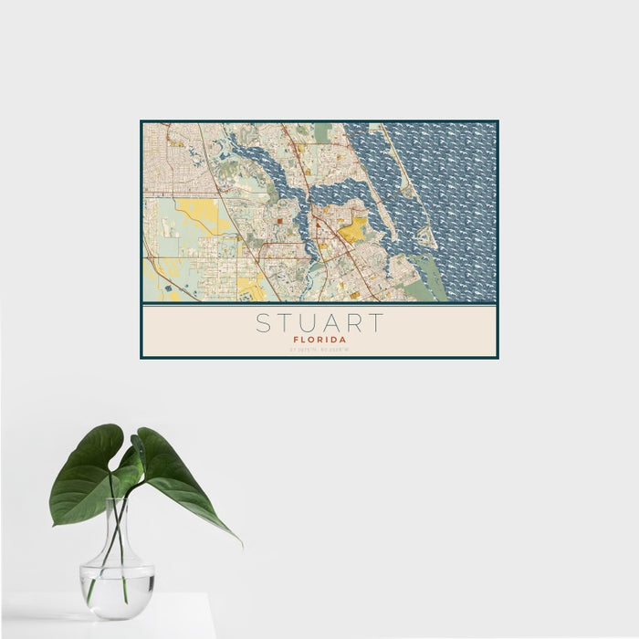 16x24 Stuart Florida Map Print Landscape Orientation in Woodblock Style With Tropical Plant Leaves in Water