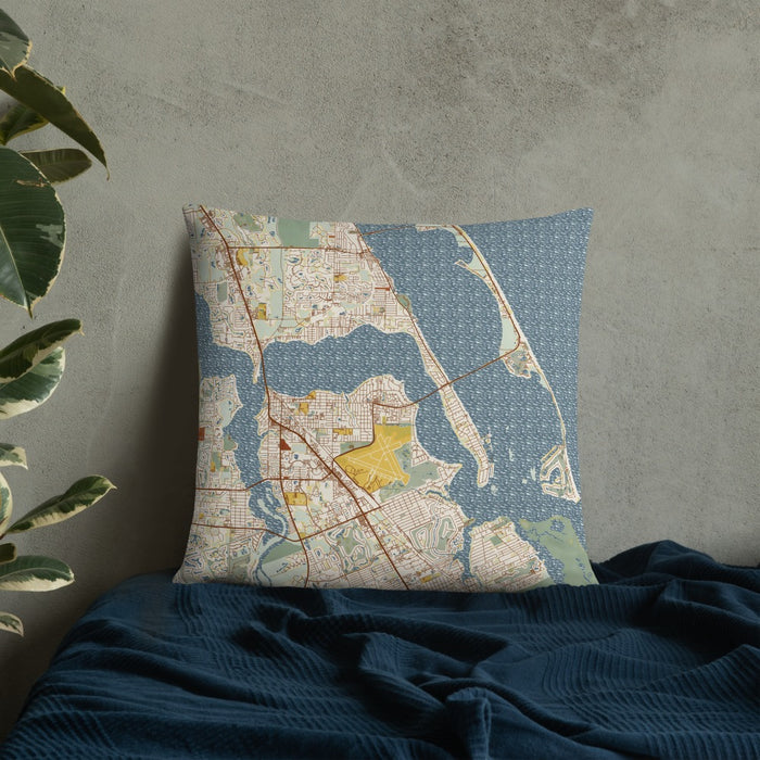 Custom Stuart Florida Map Throw Pillow in Woodblock on Bedding Against Wall