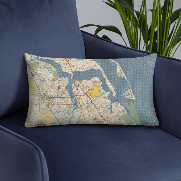 Custom Stuart Florida Map Throw Pillow in Woodblock on Blue Colored Chair
