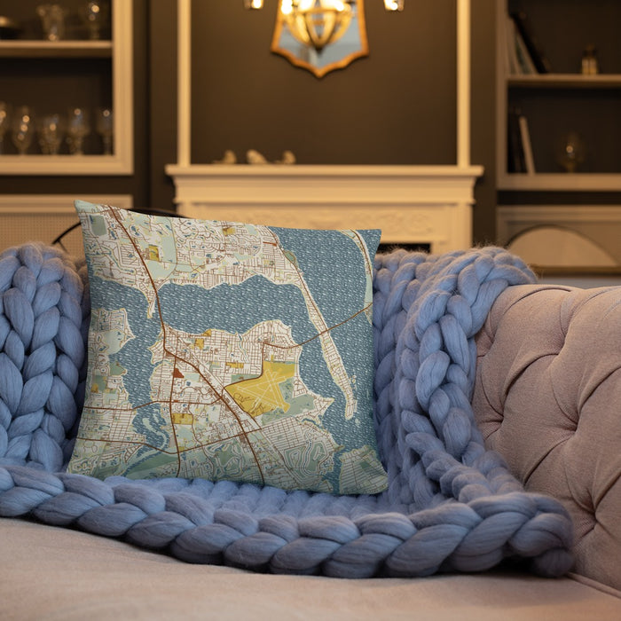 Custom Stuart Florida Map Throw Pillow in Woodblock on Cream Colored Couch