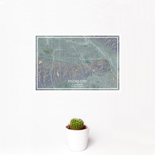 12x18 Studio City California Map Print Landscape Orientation in Afternoon Style With Small Cactus Plant in White Planter
