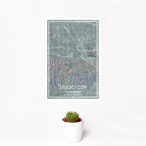 12x18 Studio City California Map Print Portrait Orientation in Afternoon Style With Small Cactus Plant in White Planter