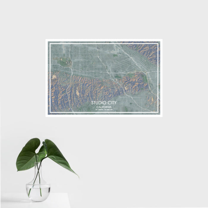 16x24 Studio City California Map Print Landscape Orientation in Afternoon Style With Tropical Plant Leaves in Water
