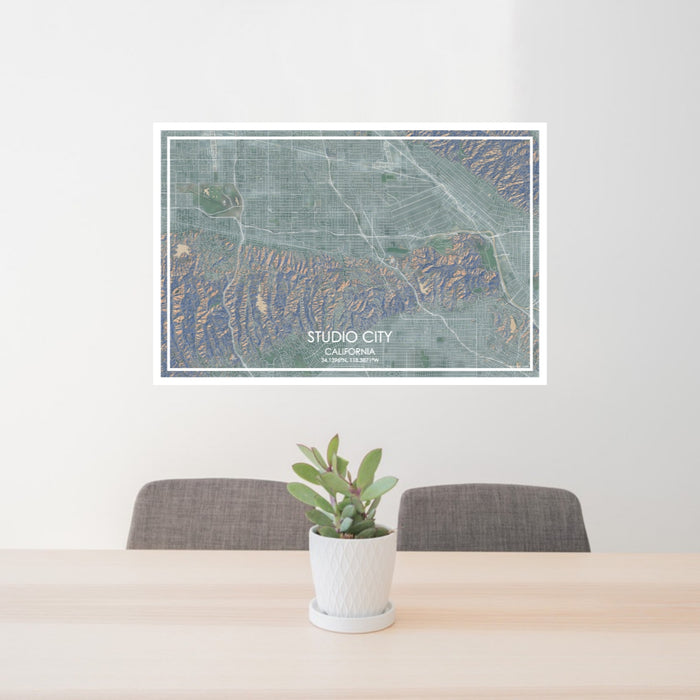 24x36 Studio City California Map Print Lanscape Orientation in Afternoon Style Behind 2 Chairs Table and Potted Plant