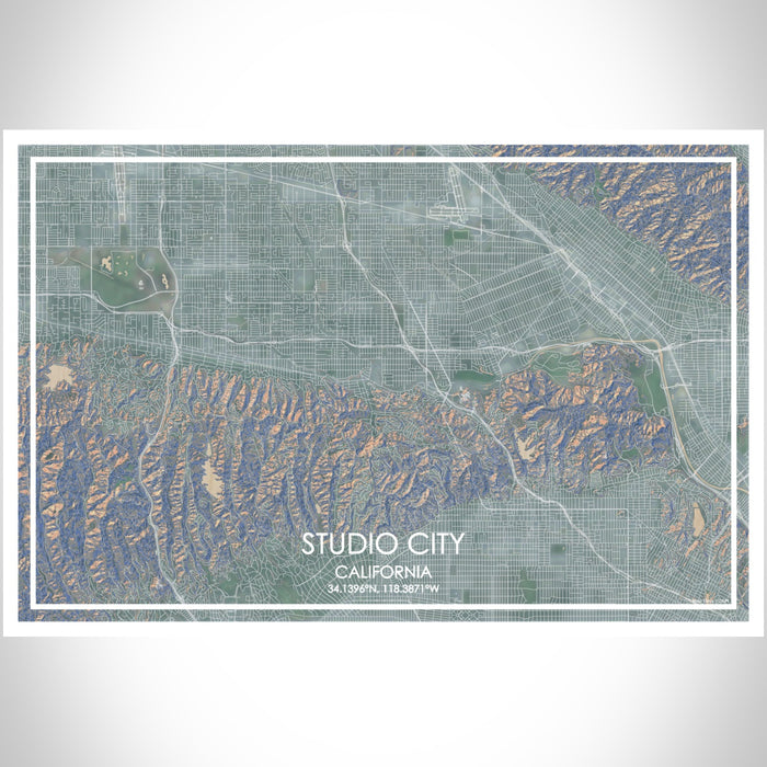 Studio City California Map Print Landscape Orientation in Afternoon Style With Shaded Background