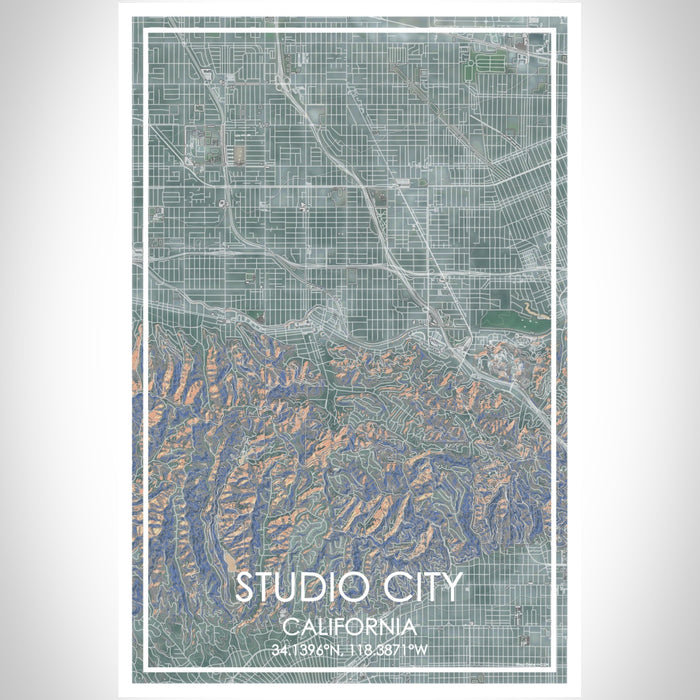 Studio City California Map Print Portrait Orientation in Afternoon Style With Shaded Background