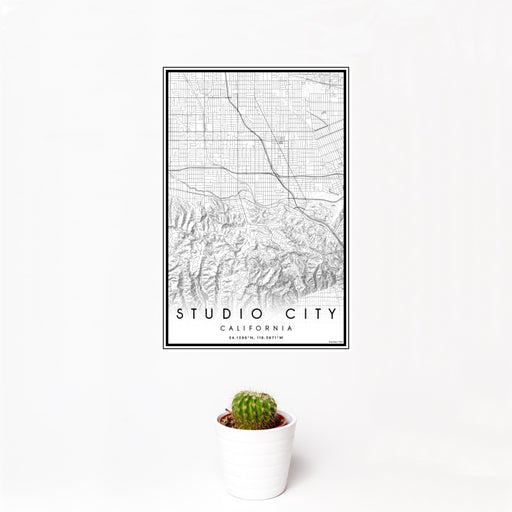 12x18 Studio City California Map Print Portrait Orientation in Classic Style With Small Cactus Plant in White Planter