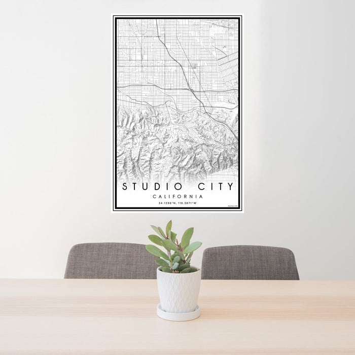 24x36 Studio City California Map Print Portrait Orientation in Classic Style Behind 2 Chairs Table and Potted Plant