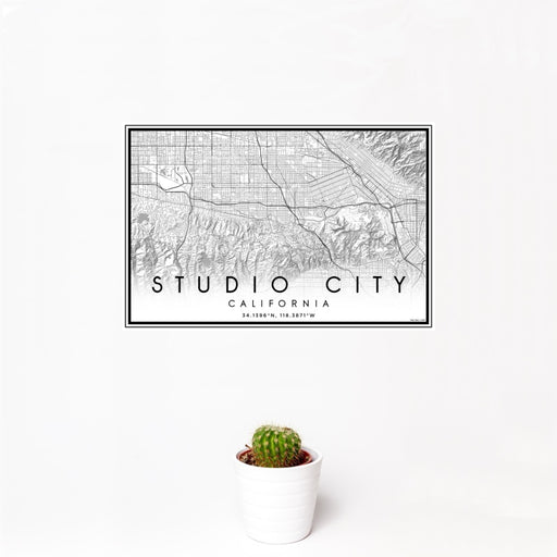 12x18 Studio City California Map Print Landscape Orientation in Classic Style With Small Cactus Plant in White Planter