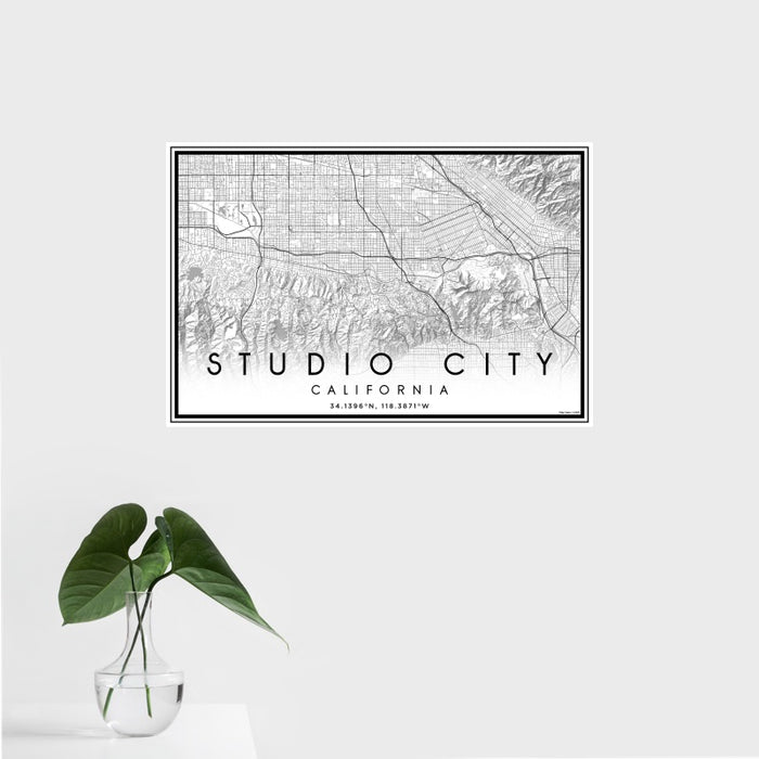 16x24 Studio City California Map Print Landscape Orientation in Classic Style With Tropical Plant Leaves in Water