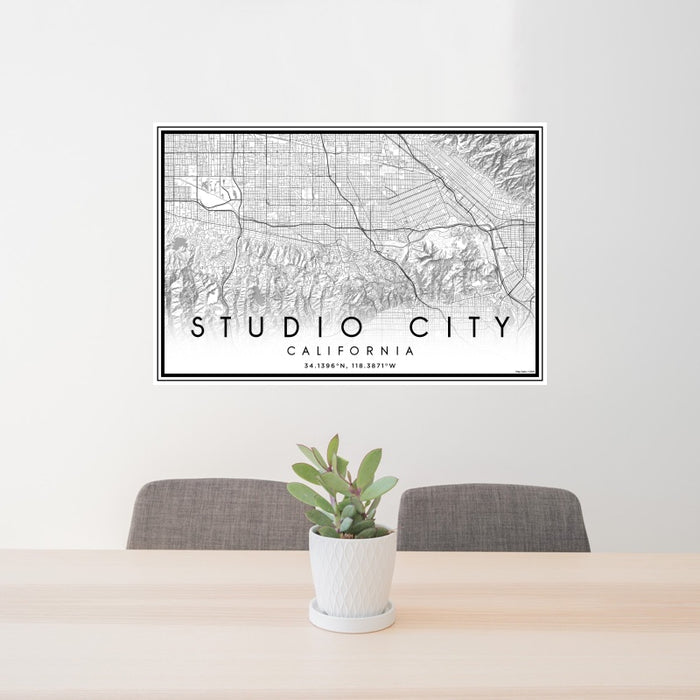 24x36 Studio City California Map Print Landscape Orientation in Classic Style Behind 2 Chairs Table and Potted Plant