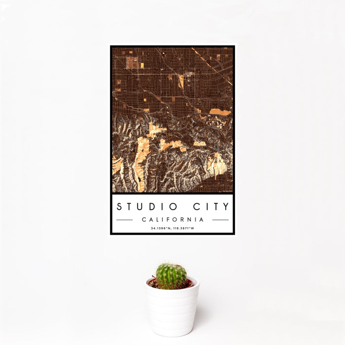12x18 Studio City California Map Print Portrait Orientation in Ember Style With Small Cactus Plant in White Planter