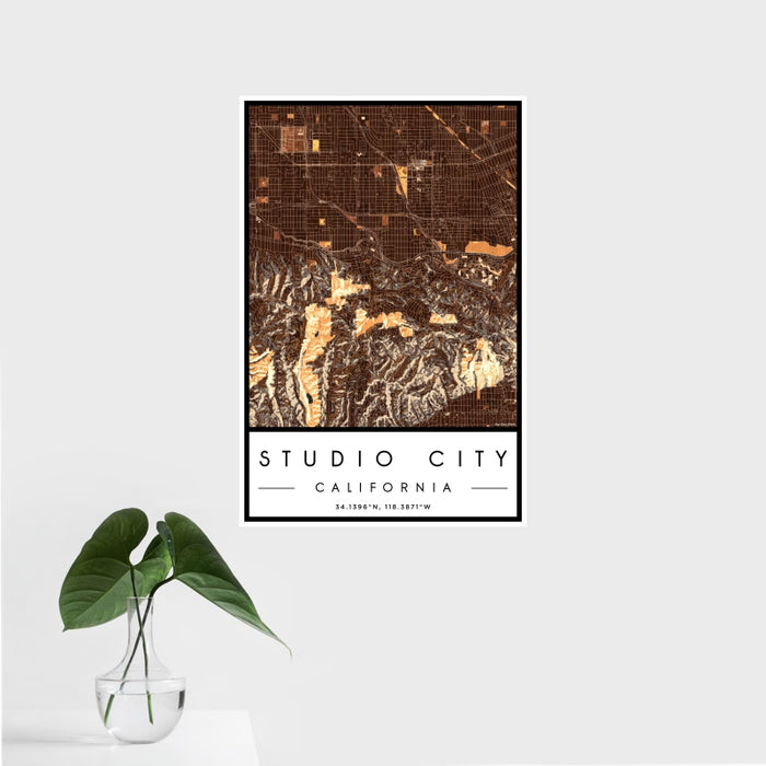 16x24 Studio City California Map Print Portrait Orientation in Ember Style With Tropical Plant Leaves in Water
