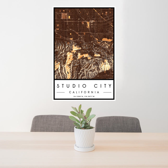 24x36 Studio City California Map Print Portrait Orientation in Ember Style Behind 2 Chairs Table and Potted Plant