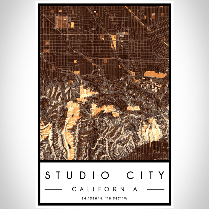 Studio City California Map Print Portrait Orientation in Ember Style With Shaded Background