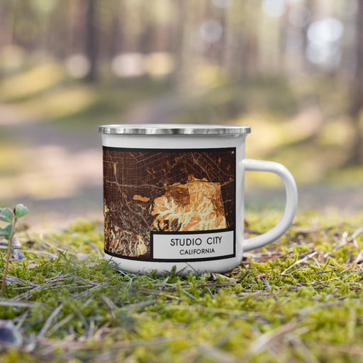 Right View Custom Studio City California Map Enamel Mug in Ember on Grass With Trees in Background