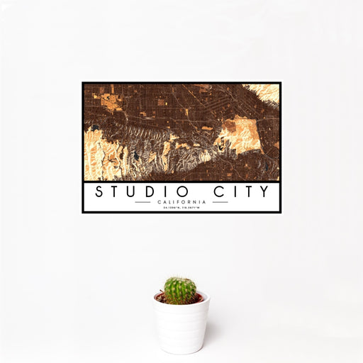 12x18 Studio City California Map Print Landscape Orientation in Ember Style With Small Cactus Plant in White Planter