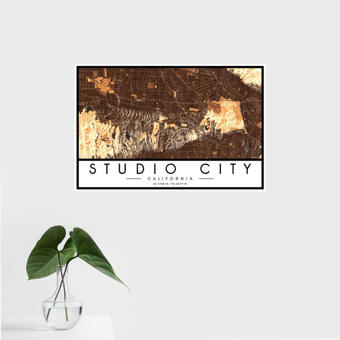 16x24 Studio City California Map Print Landscape Orientation in Ember Style With Tropical Plant Leaves in Water