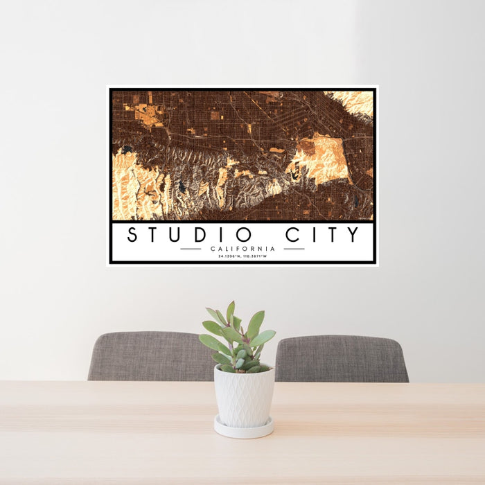 24x36 Studio City California Map Print Landscape Orientation in Ember Style Behind 2 Chairs Table and Potted Plant