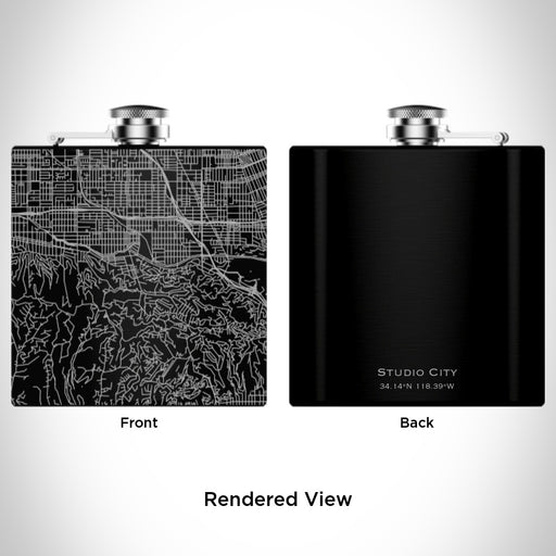 Rendered View of Studio City California Map Engraving on 6oz Stainless Steel Flask in Black