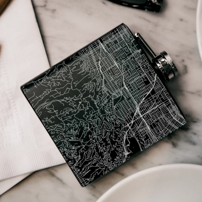 Studio City California Custom Engraved City Map Inscription Coordinates on 6oz Stainless Steel Flask in Black