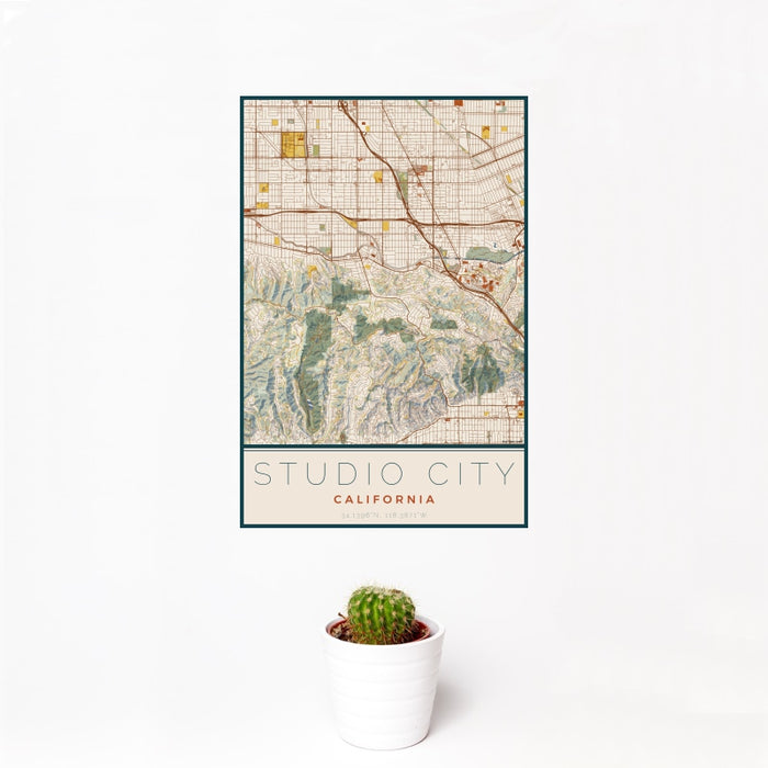 12x18 Studio City California Map Print Portrait Orientation in Woodblock Style With Small Cactus Plant in White Planter