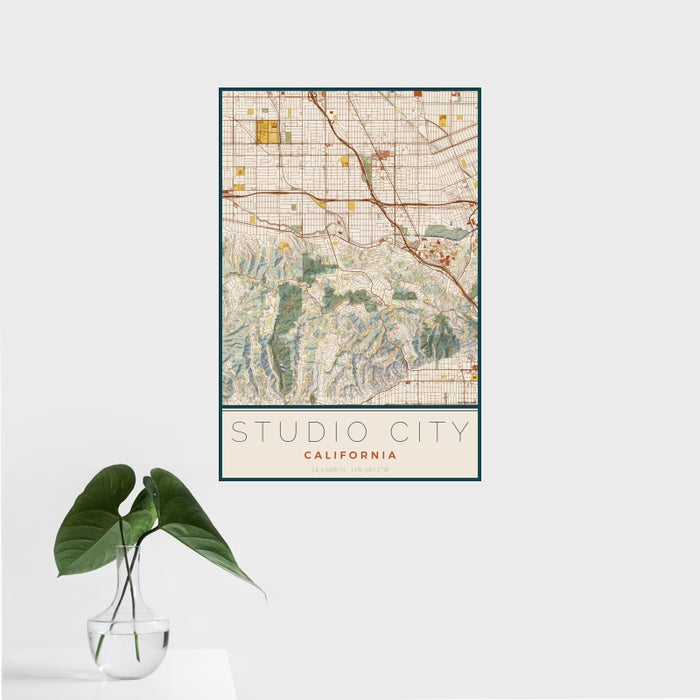 16x24 Studio City California Map Print Portrait Orientation in Woodblock Style With Tropical Plant Leaves in Water