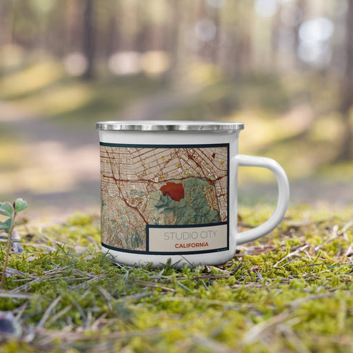 Right View Custom Studio City California Map Enamel Mug in Woodblock on Grass With Trees in Background