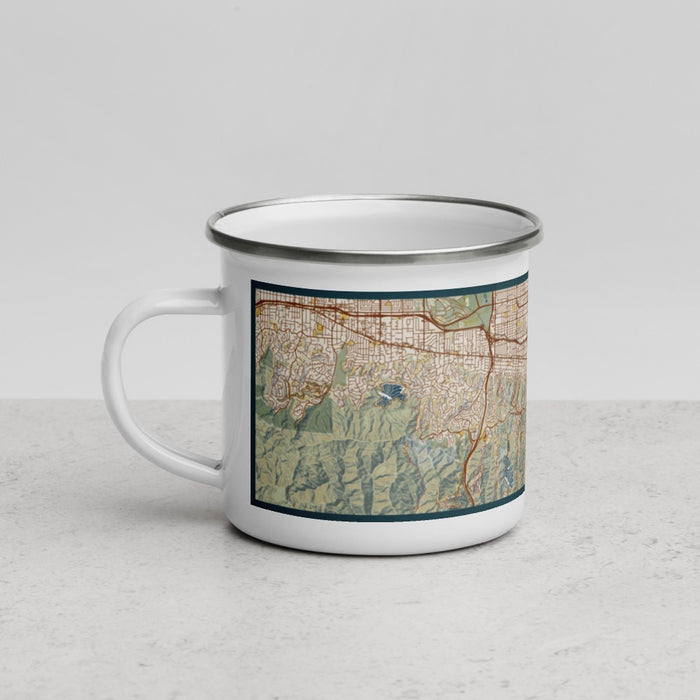 Left View Custom Studio City California Map Enamel Mug in Woodblock