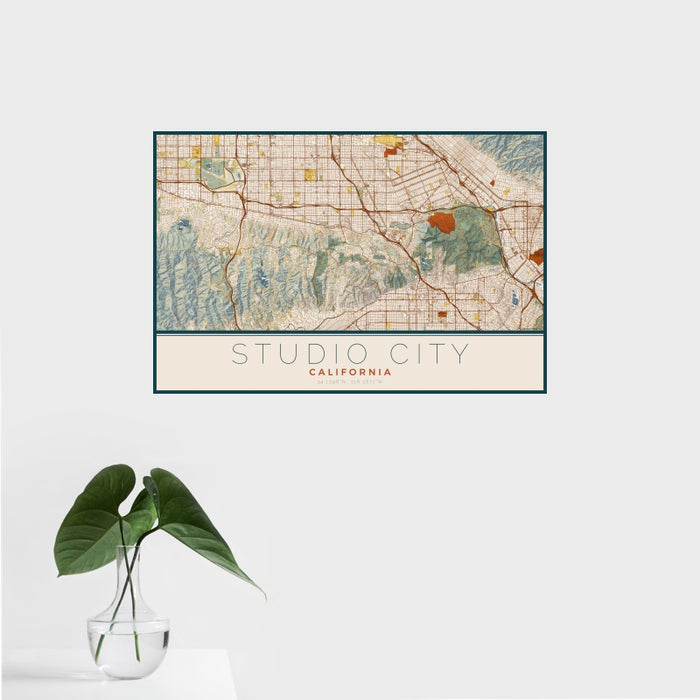 16x24 Studio City California Map Print Landscape Orientation in Woodblock Style With Tropical Plant Leaves in Water