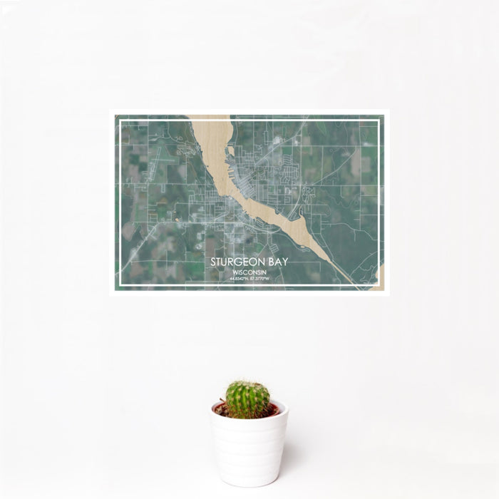 12x18 Sturgeon Bay Wisconsin Map Print Landscape Orientation in Afternoon Style With Small Cactus Plant in White Planter
