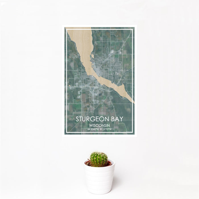 12x18 Sturgeon Bay Wisconsin Map Print Portrait Orientation in Afternoon Style With Small Cactus Plant in White Planter