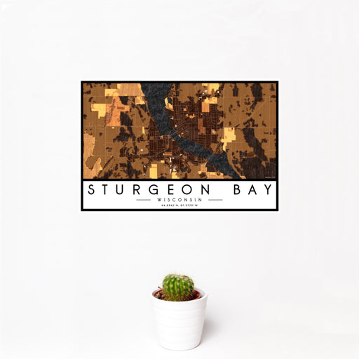 12x18 Sturgeon Bay Wisconsin Map Print Landscape Orientation in Ember Style With Small Cactus Plant in White Planter