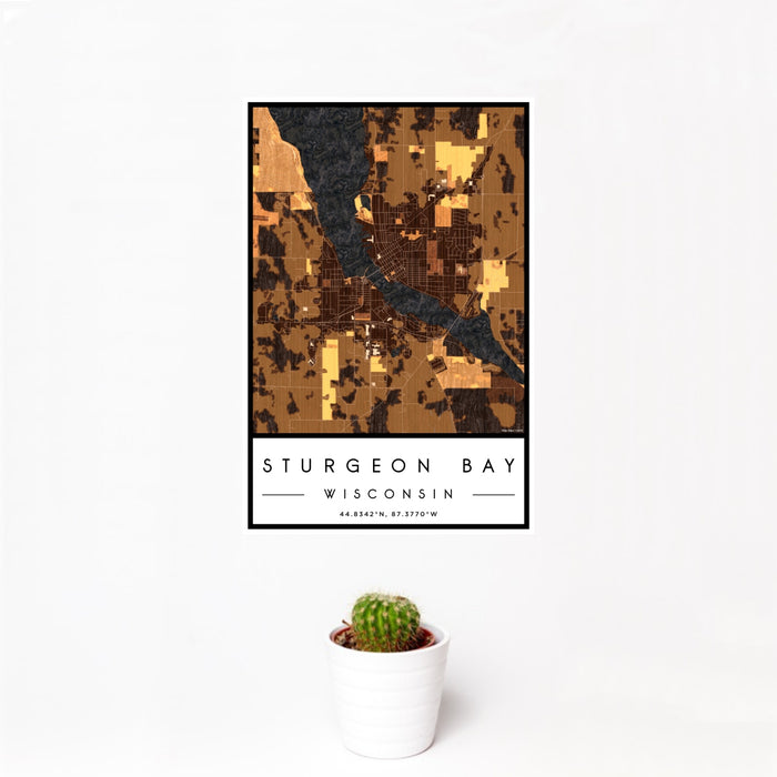 12x18 Sturgeon Bay Wisconsin Map Print Portrait Orientation in Ember Style With Small Cactus Plant in White Planter