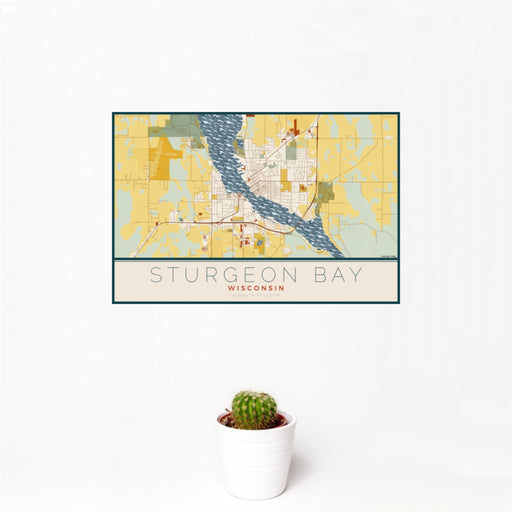 12x18 Sturgeon Bay Wisconsin Map Print Landscape Orientation in Woodblock Style With Small Cactus Plant in White Planter