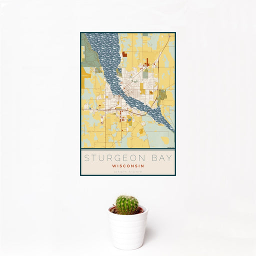 12x18 Sturgeon Bay Wisconsin Map Print Portrait Orientation in Woodblock Style With Small Cactus Plant in White Planter