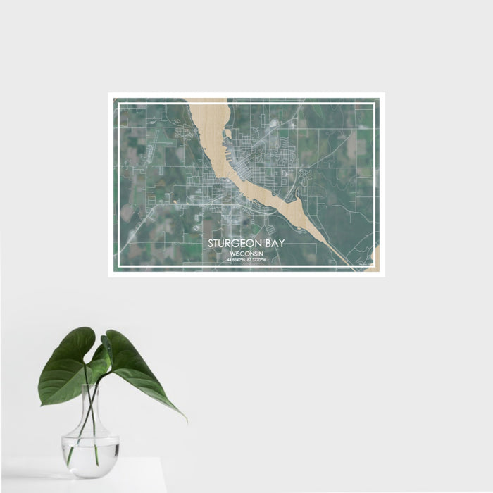 16x24 Sturgeon Bay Wisconsin Map Print Landscape Orientation in Afternoon Style With Tropical Plant Leaves in Water