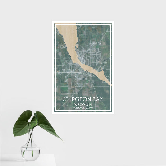 16x24 Sturgeon Bay Wisconsin Map Print Portrait Orientation in Afternoon Style With Tropical Plant Leaves in Water