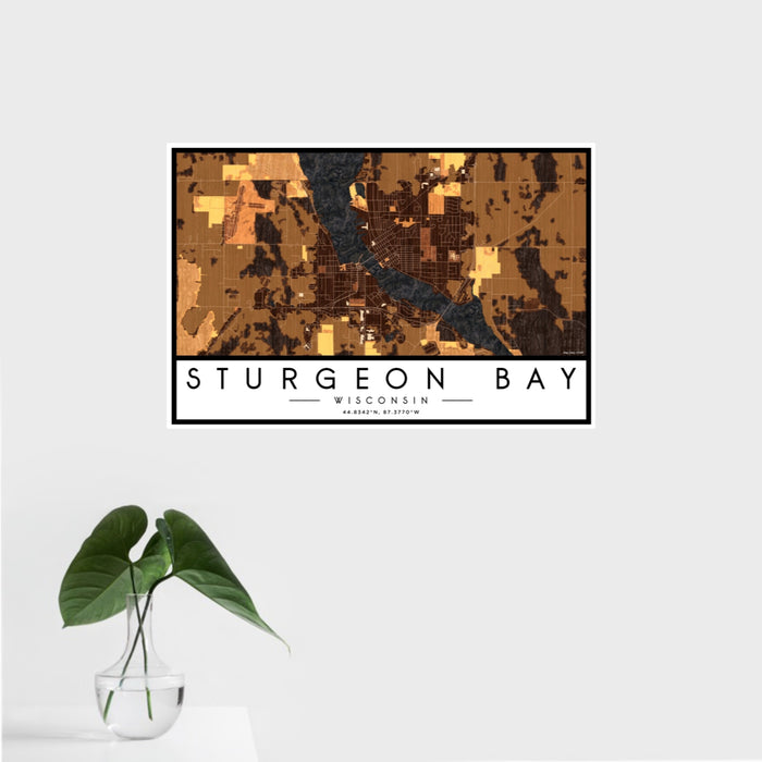 16x24 Sturgeon Bay Wisconsin Map Print Landscape Orientation in Ember Style With Tropical Plant Leaves in Water