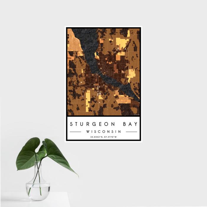 16x24 Sturgeon Bay Wisconsin Map Print Portrait Orientation in Ember Style With Tropical Plant Leaves in Water