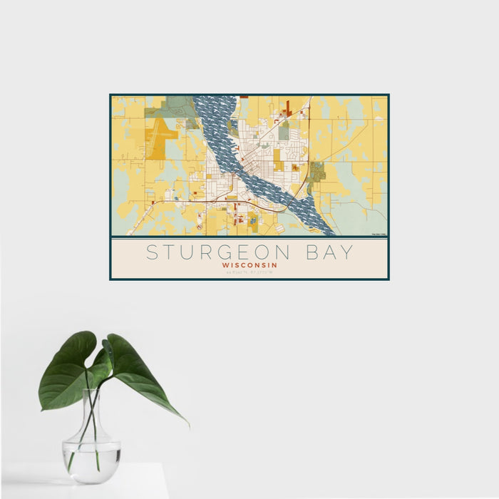 16x24 Sturgeon Bay Wisconsin Map Print Landscape Orientation in Woodblock Style With Tropical Plant Leaves in Water
